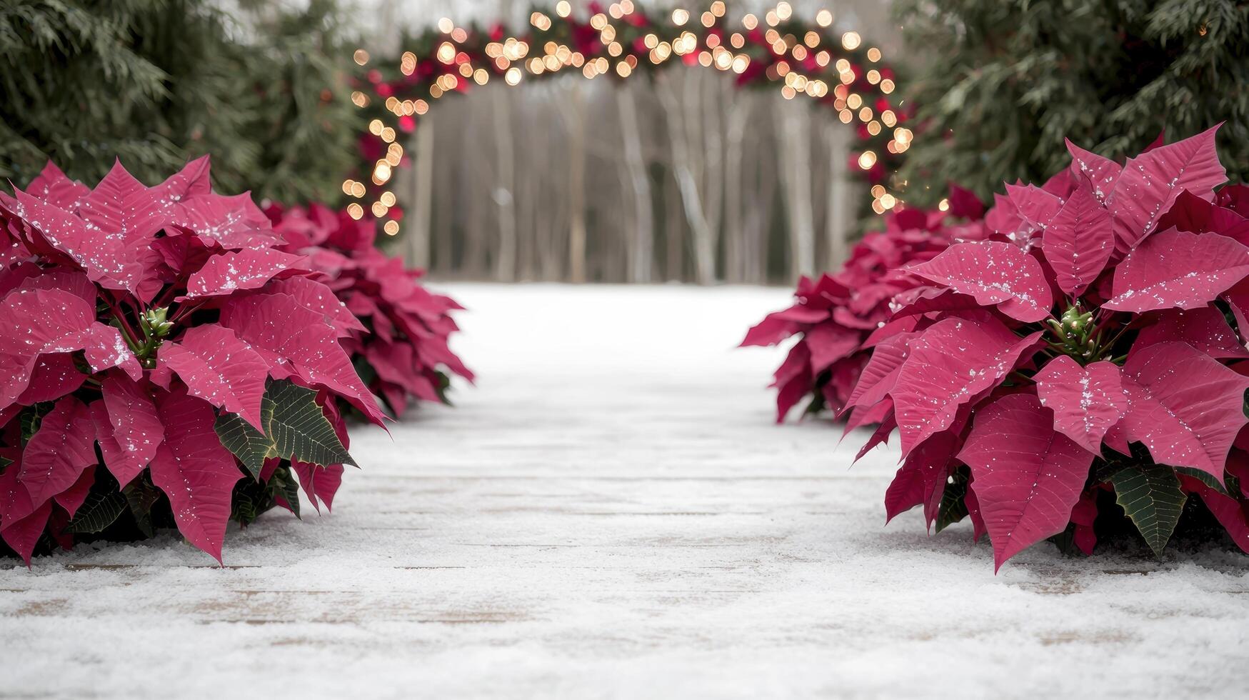 Festive winter wonderland with glowing lights and poinsettia flowers photo