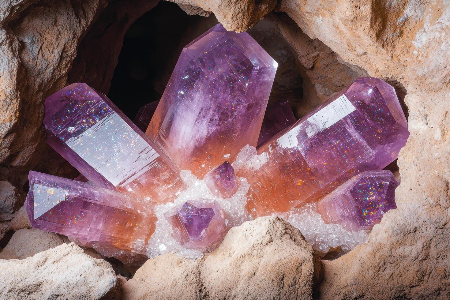 Vibrant amethyst crystal cluster in natural cave setting photo
