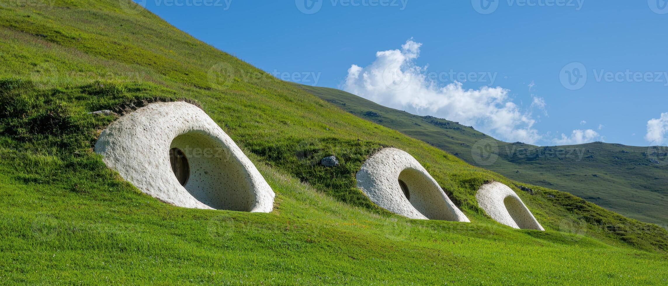 Unusual white dome structures in a grassy field photo