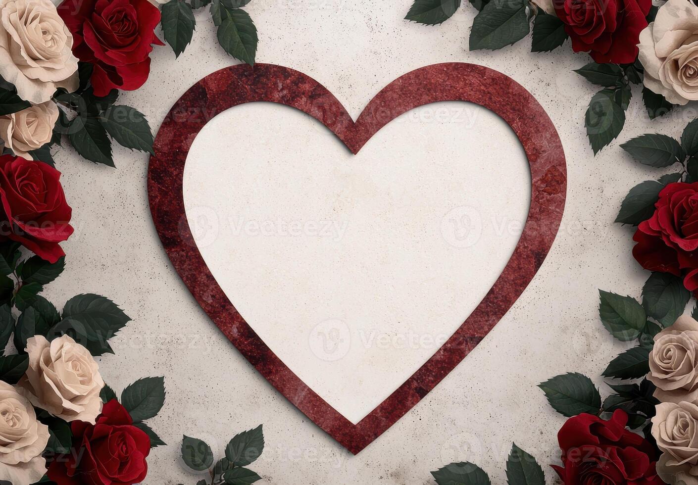 Romantic heart shaped frame with red and white roses photo