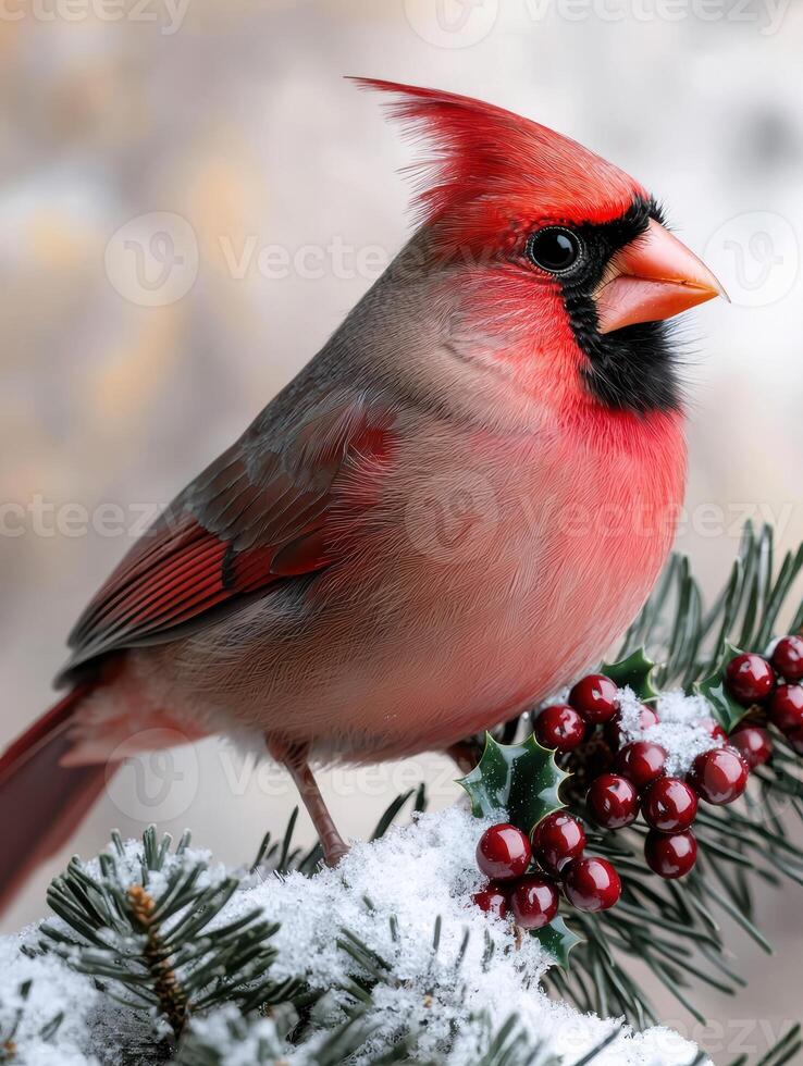 Vibrant cardinal bird perched on snowy pine branch with holly berries photo