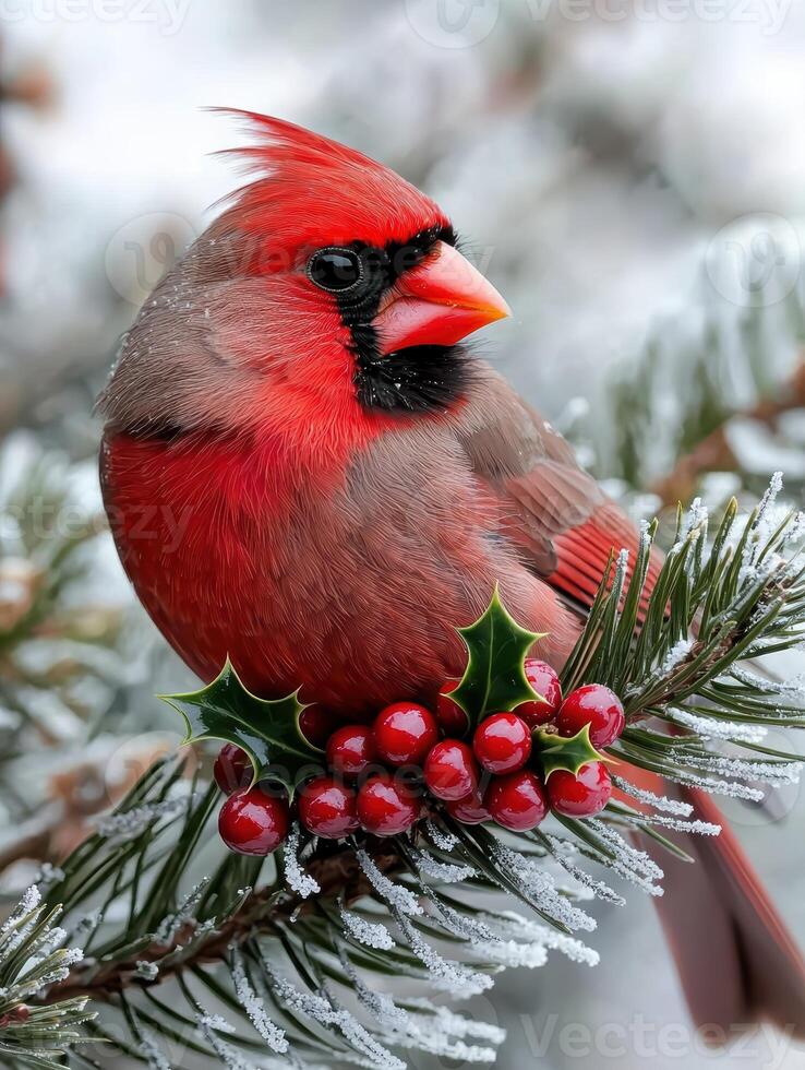 Vibrant red cardinal bird perched on snowy pine branch with holly berries photo