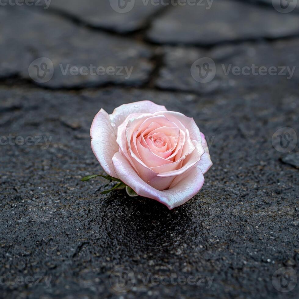 Delicate pink rose blooming on cracked pavement photo