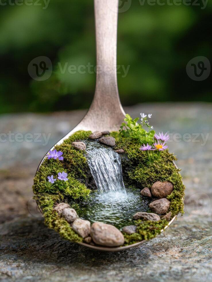 Miniature garden with waterfall and flowers photo
