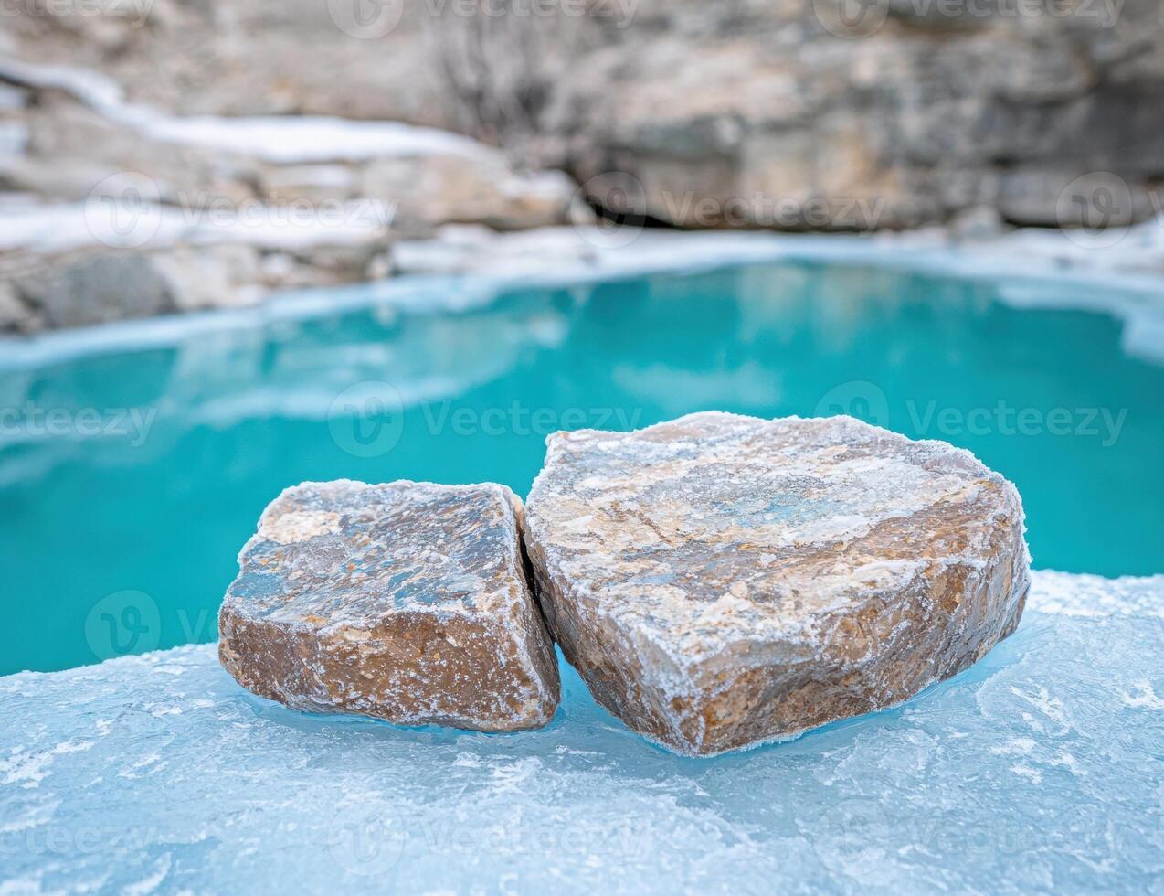 Frozen turquoise pool with icy rocks photo