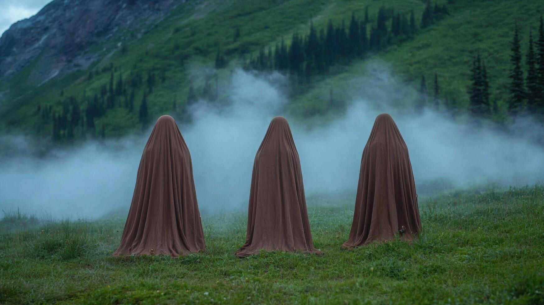 mysterious figures in a misty mountain landscape photo
