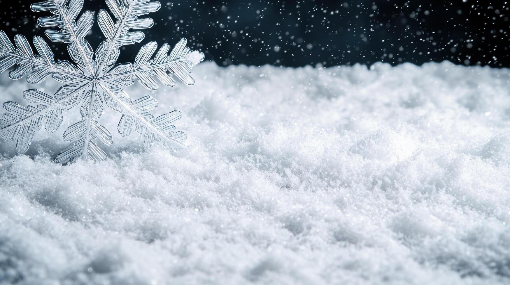 Snowy winter landscape with a large snowflake photo