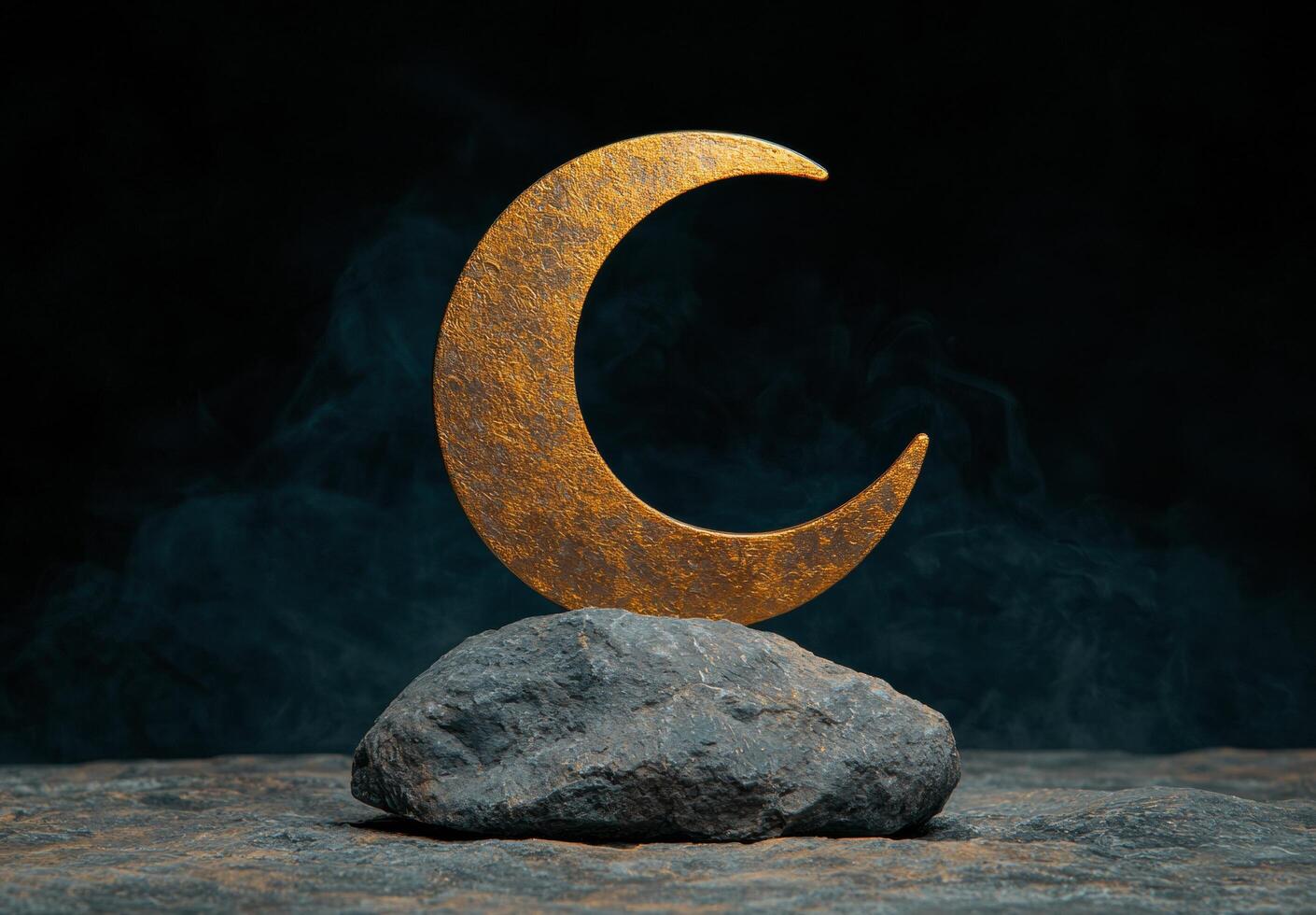 golden crescent moon on rock photo
