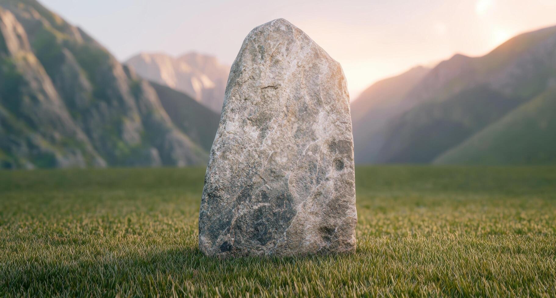 Solitary stone monolith in serene mountain landscape photo