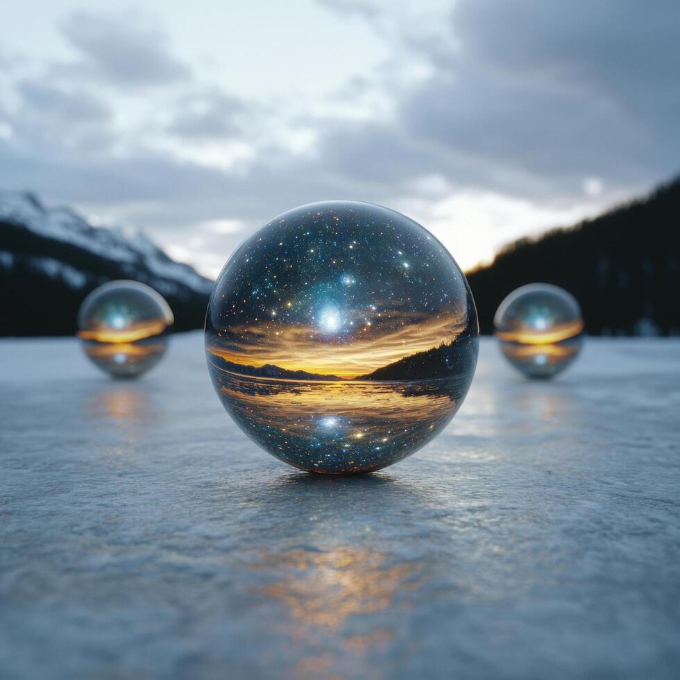 Magical celestial landscape reflected in a glass sphere photo