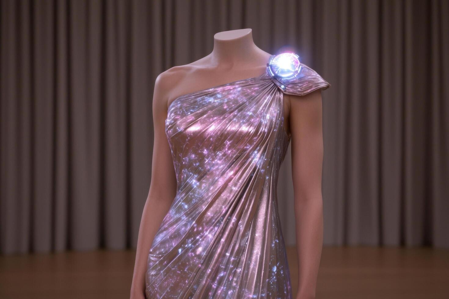 Sparkling one shoulder evening gown with illuminated floral design photo