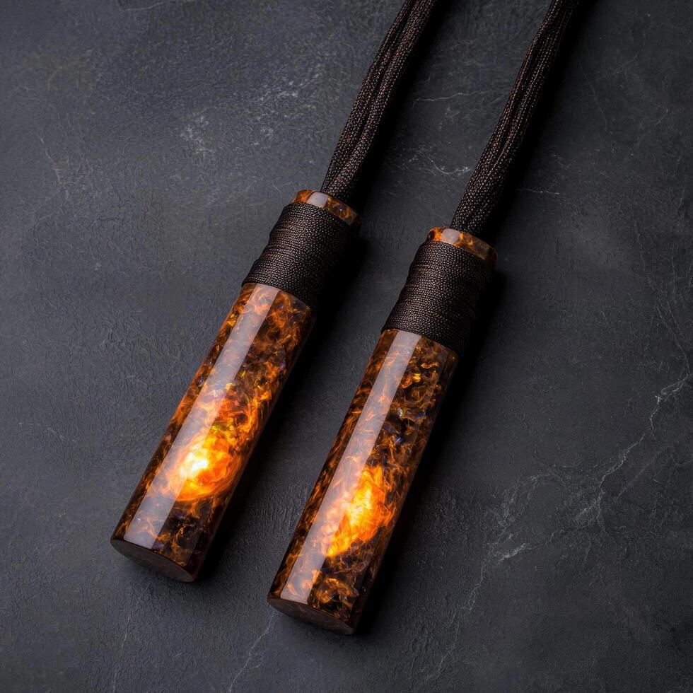 Glowing amber resin candle holders on dark background photo