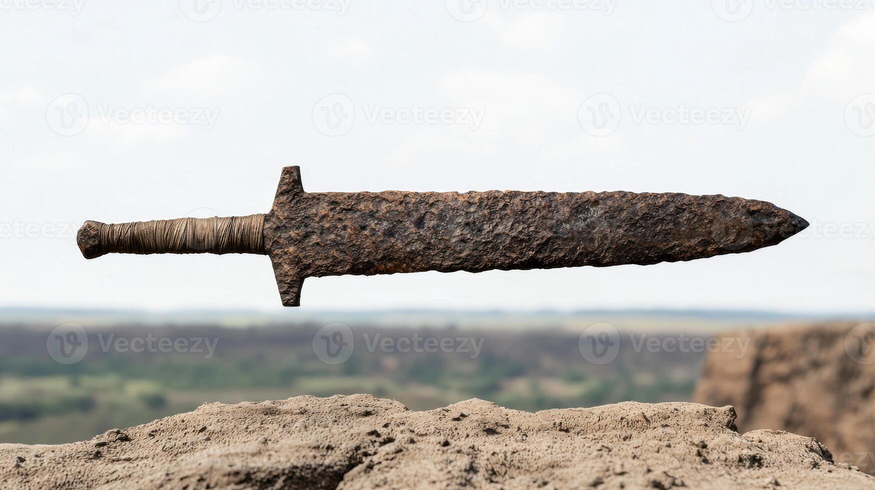 ancient stone sword against landscape photo