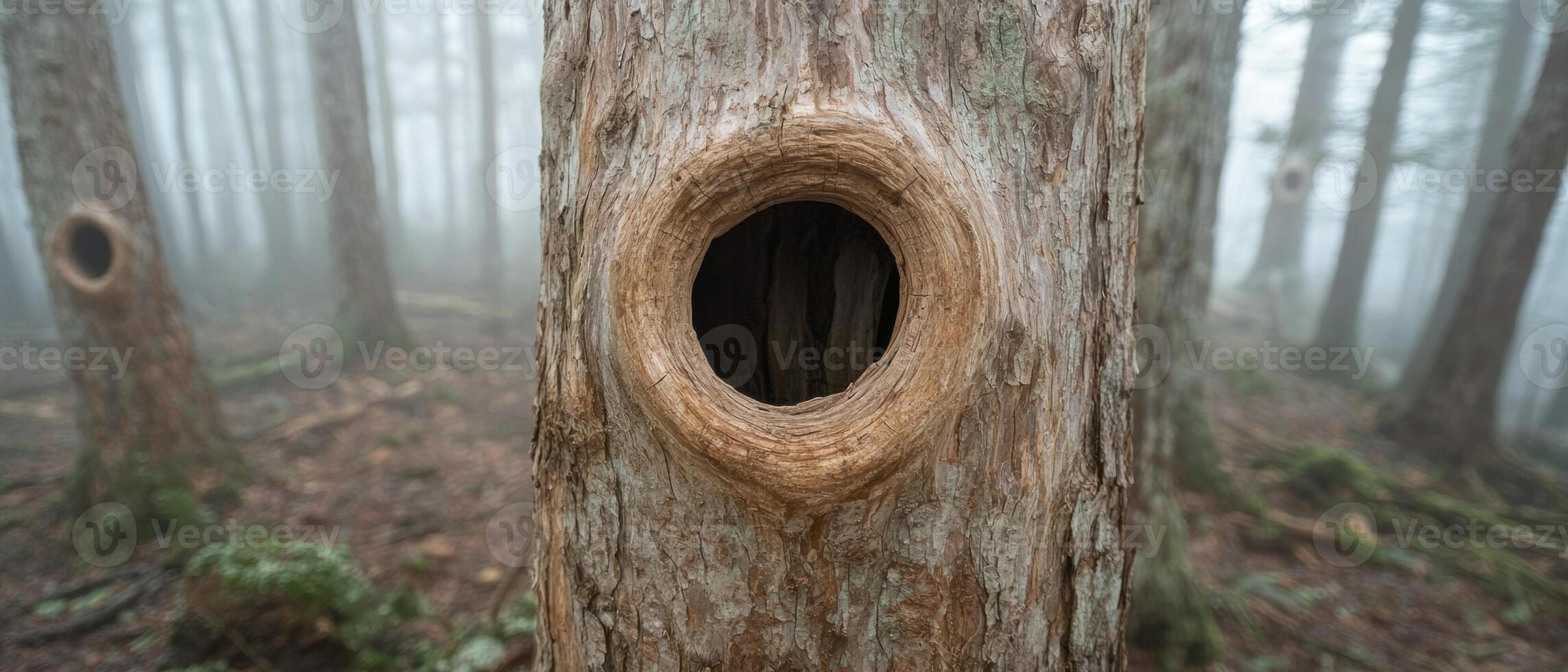 Mysterious tree hollow in misty forest photo