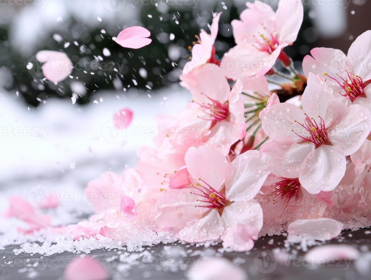 Delicate pink cherry blossoms in the snow photo