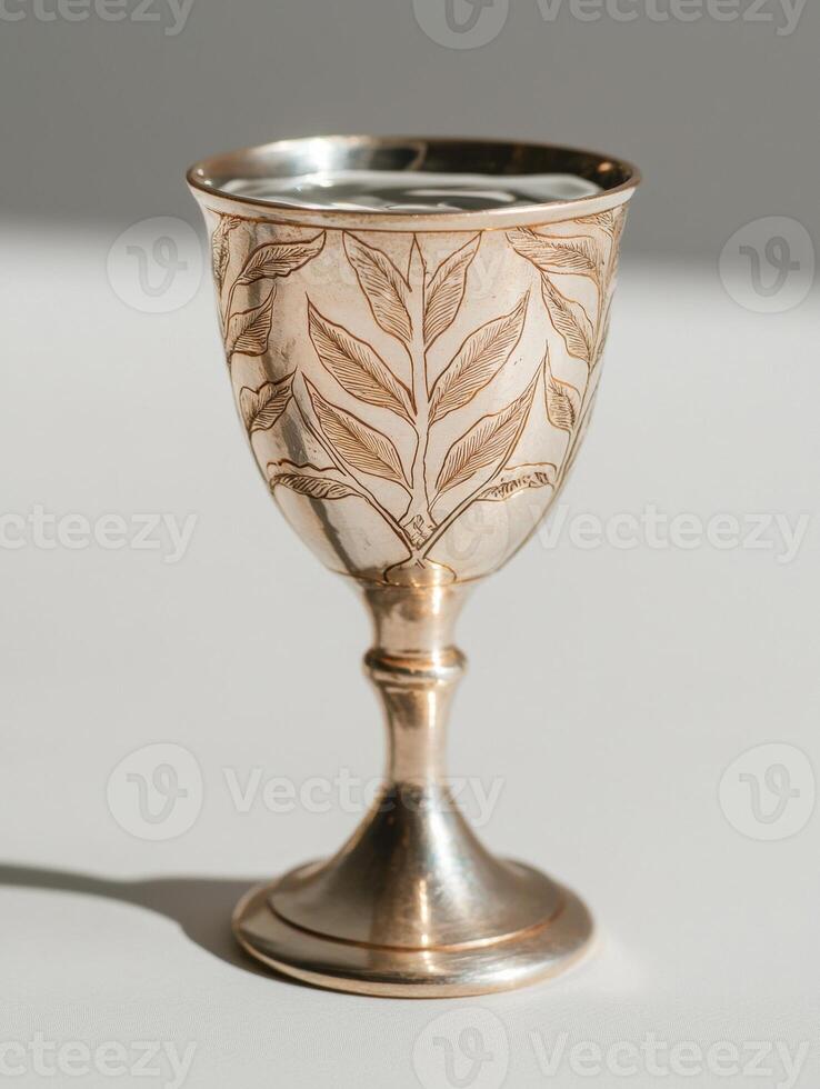 Ornate silver goblet with engraved leaf pattern photo