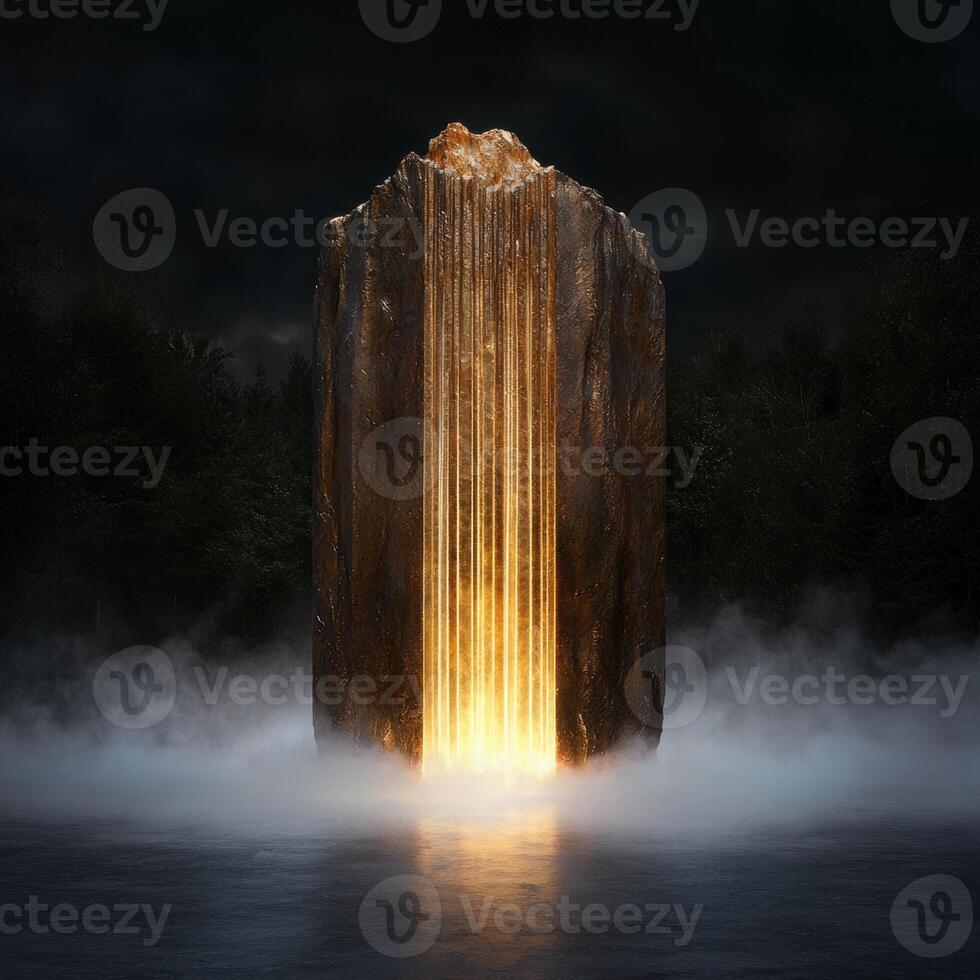 Glowing rock formation with water mist photo