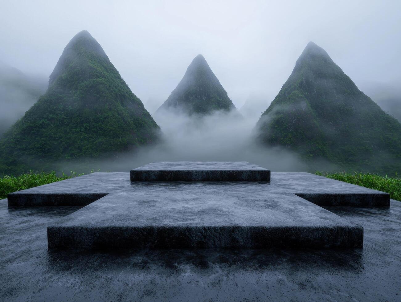 Mysterious mountain landscape with fog and stone steps photo