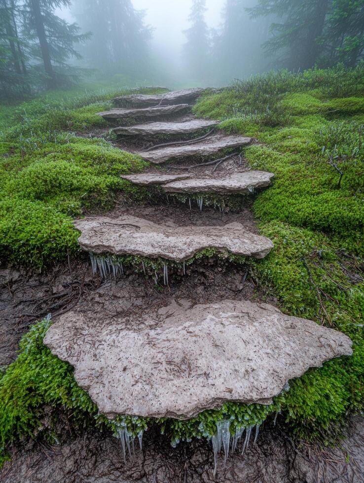 Misty forest path with moss covered steps photo