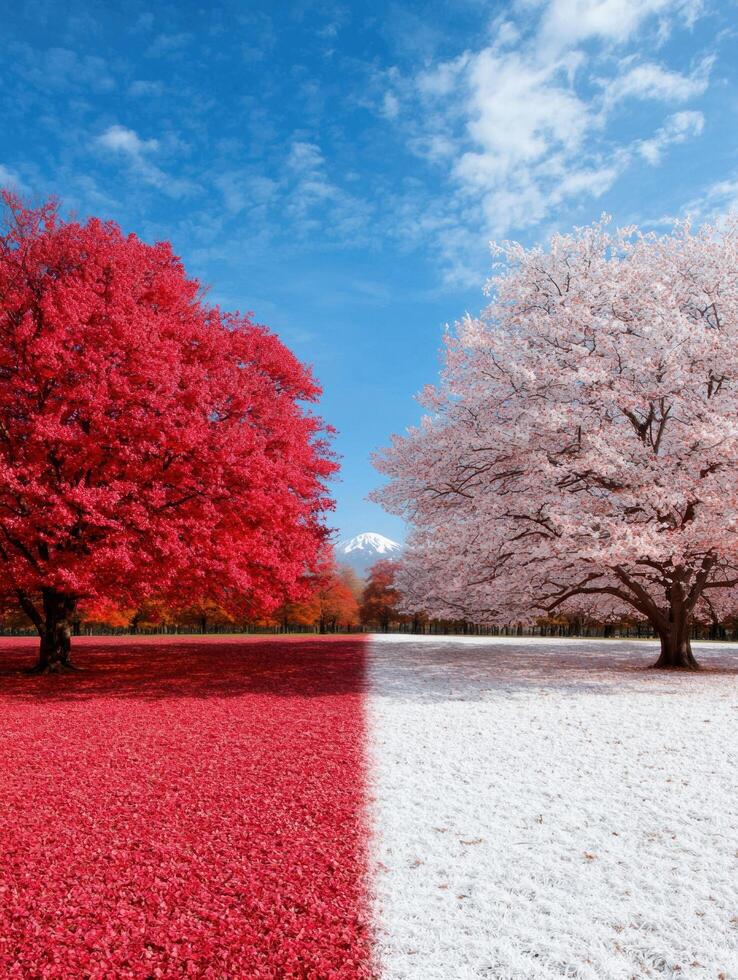 Stunning autumn and spring landscape with vibrant red and pink trees photo