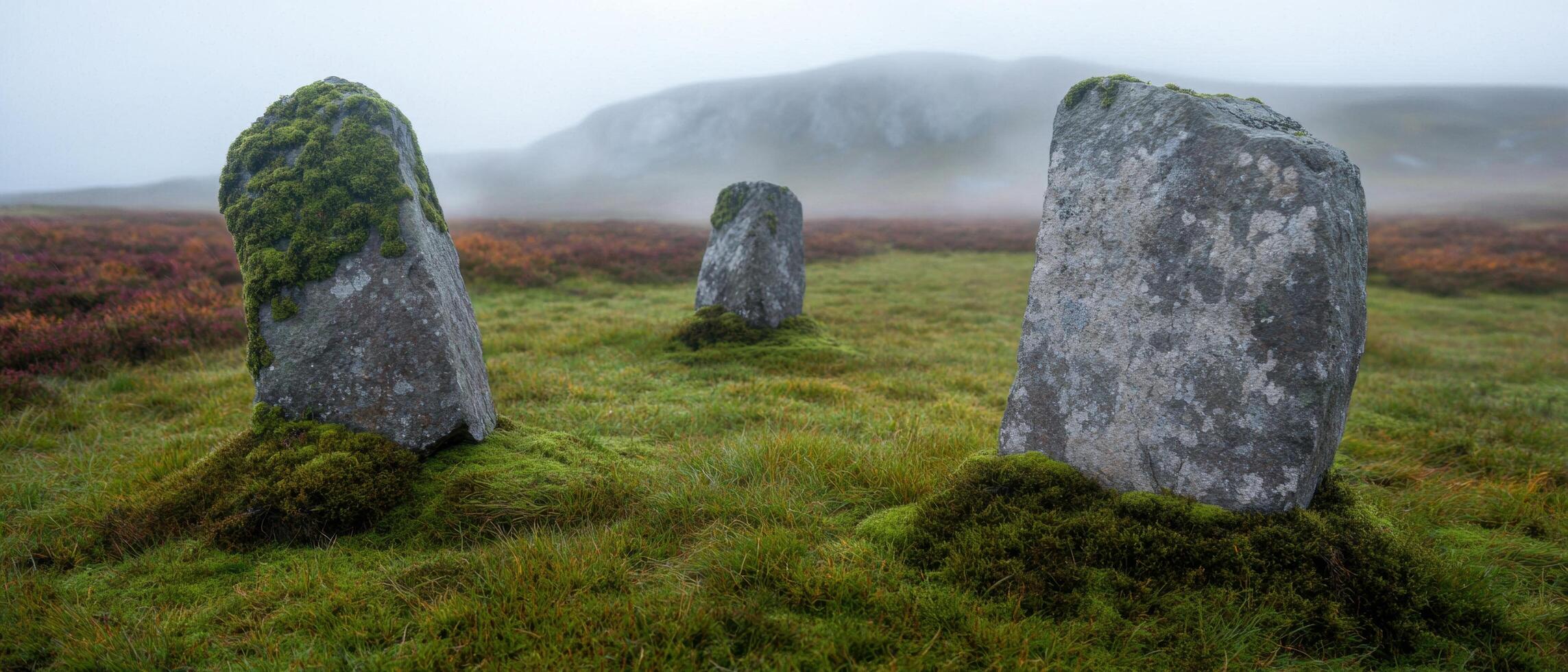Mysterious stone formations in a misty landscape photo