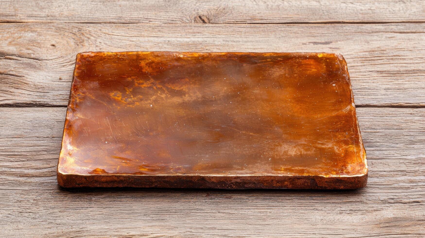 Amber colored resin block on wooden surface photo
