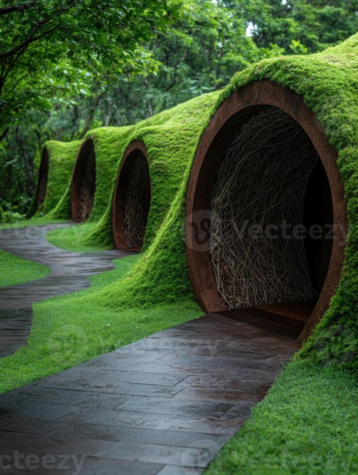 Enchanting moss covered archways in lush forest photo