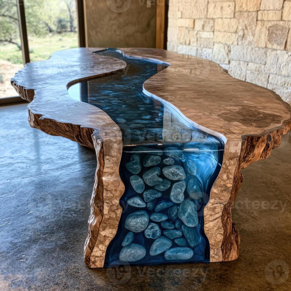 Unique wooden and glass coffee table with flowing river design photo