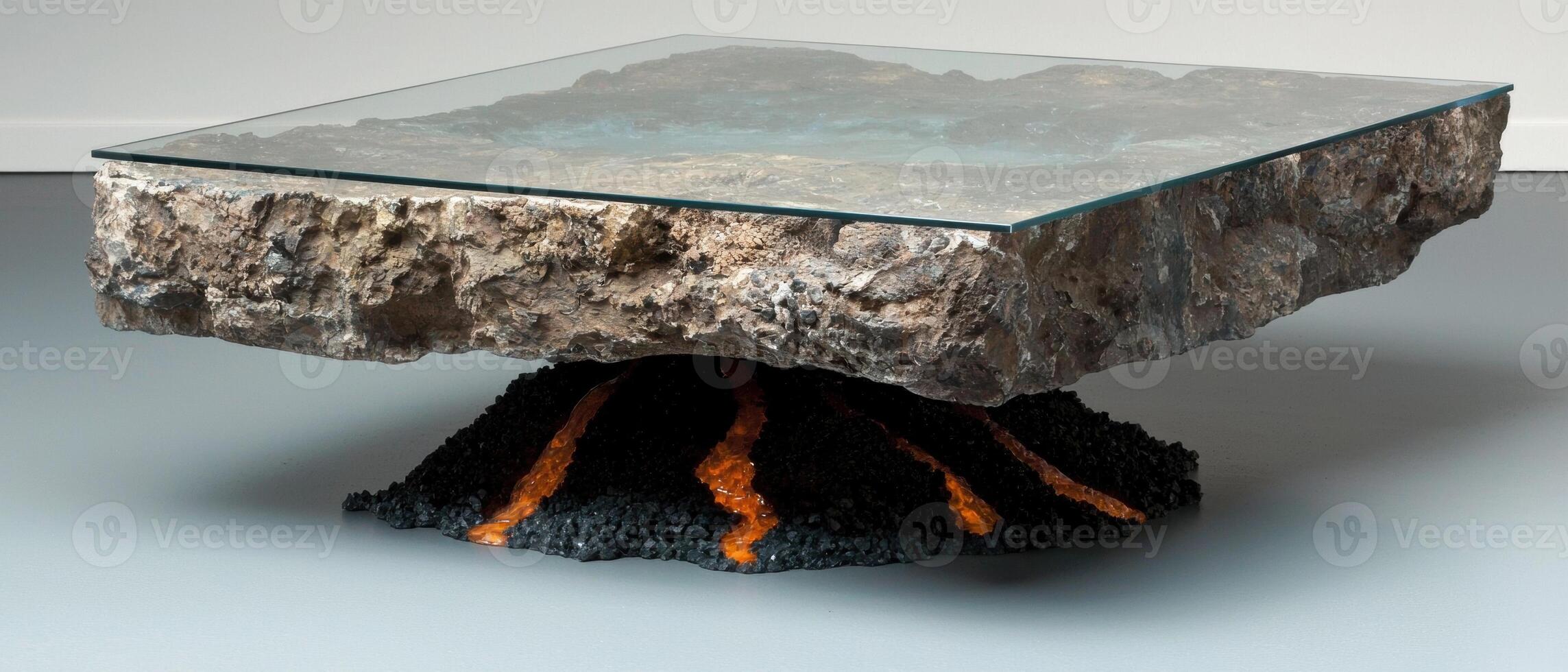 Unique glass and stone coffee table with fiery lava like base photo
