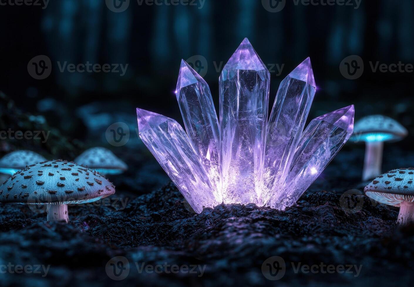 Glowing crystal cluster in mystical forest photo