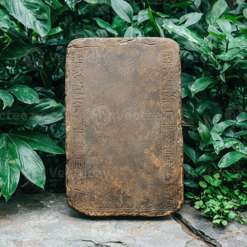 ancient stone tablet with hieroglyphic inscriptions photo