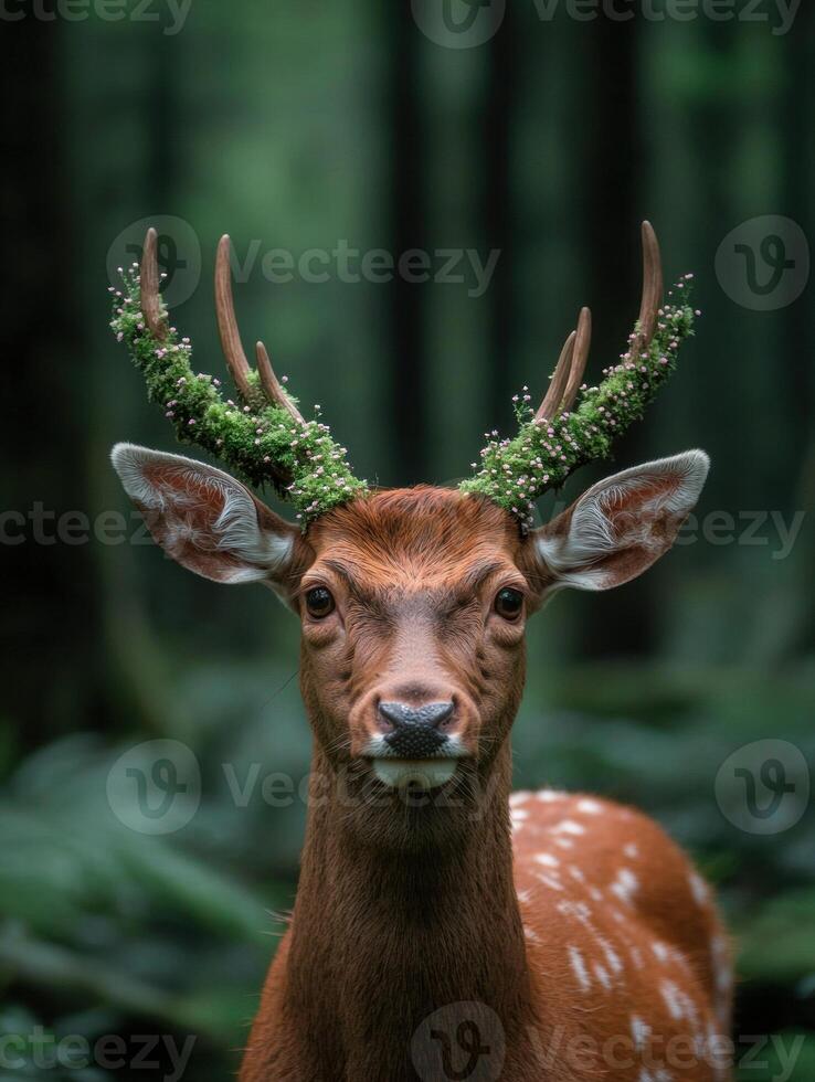 Majestic deer with floral antlers in forest photo