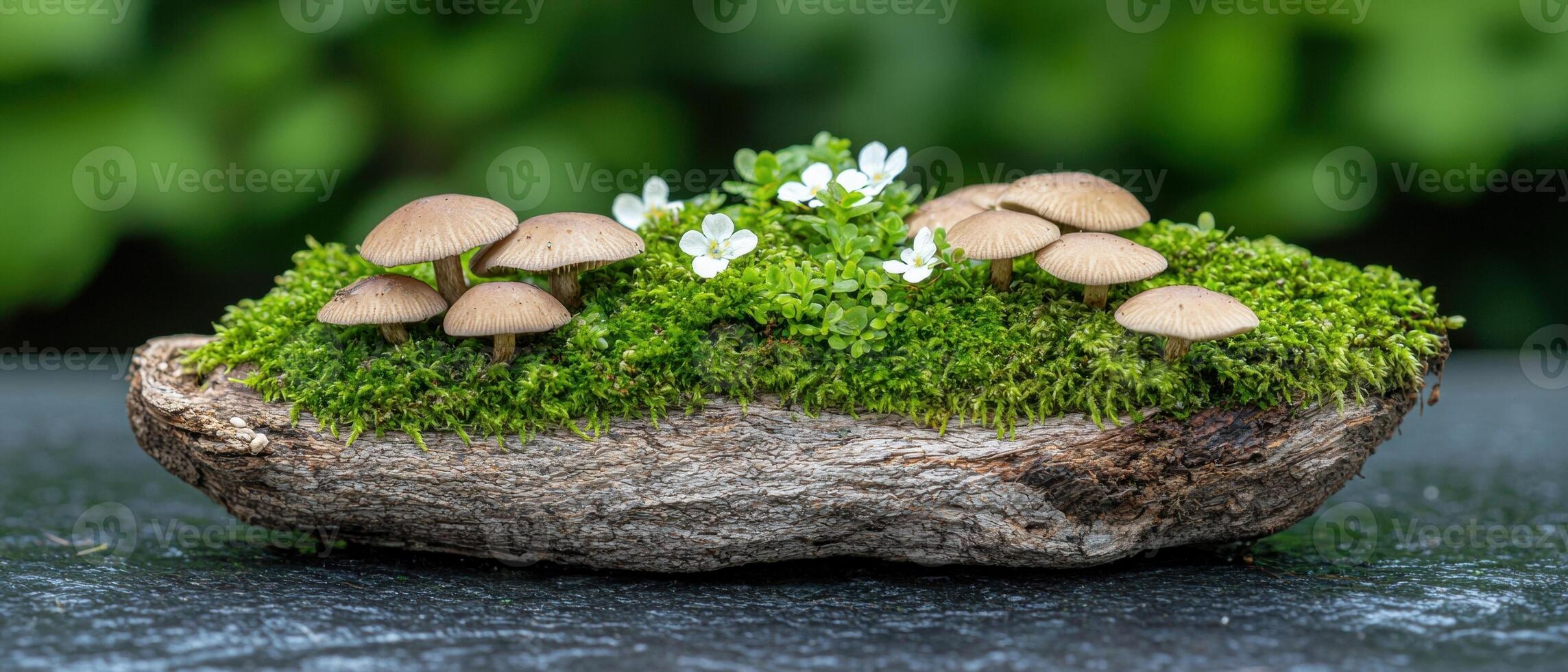 Mushrooms and moss on a fallen tree trunk photo