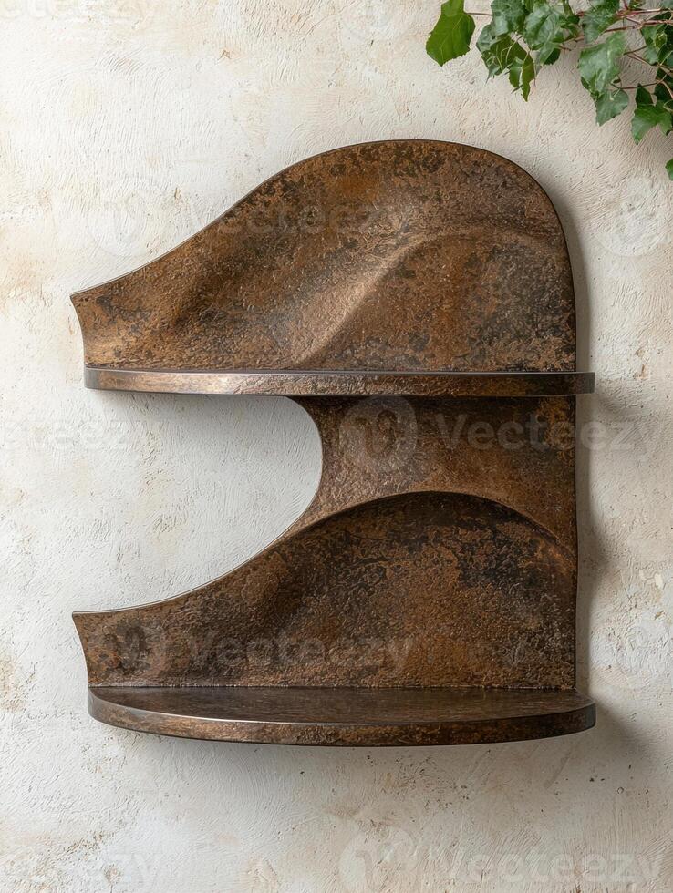 Rustic wooden shelf on white wall photo