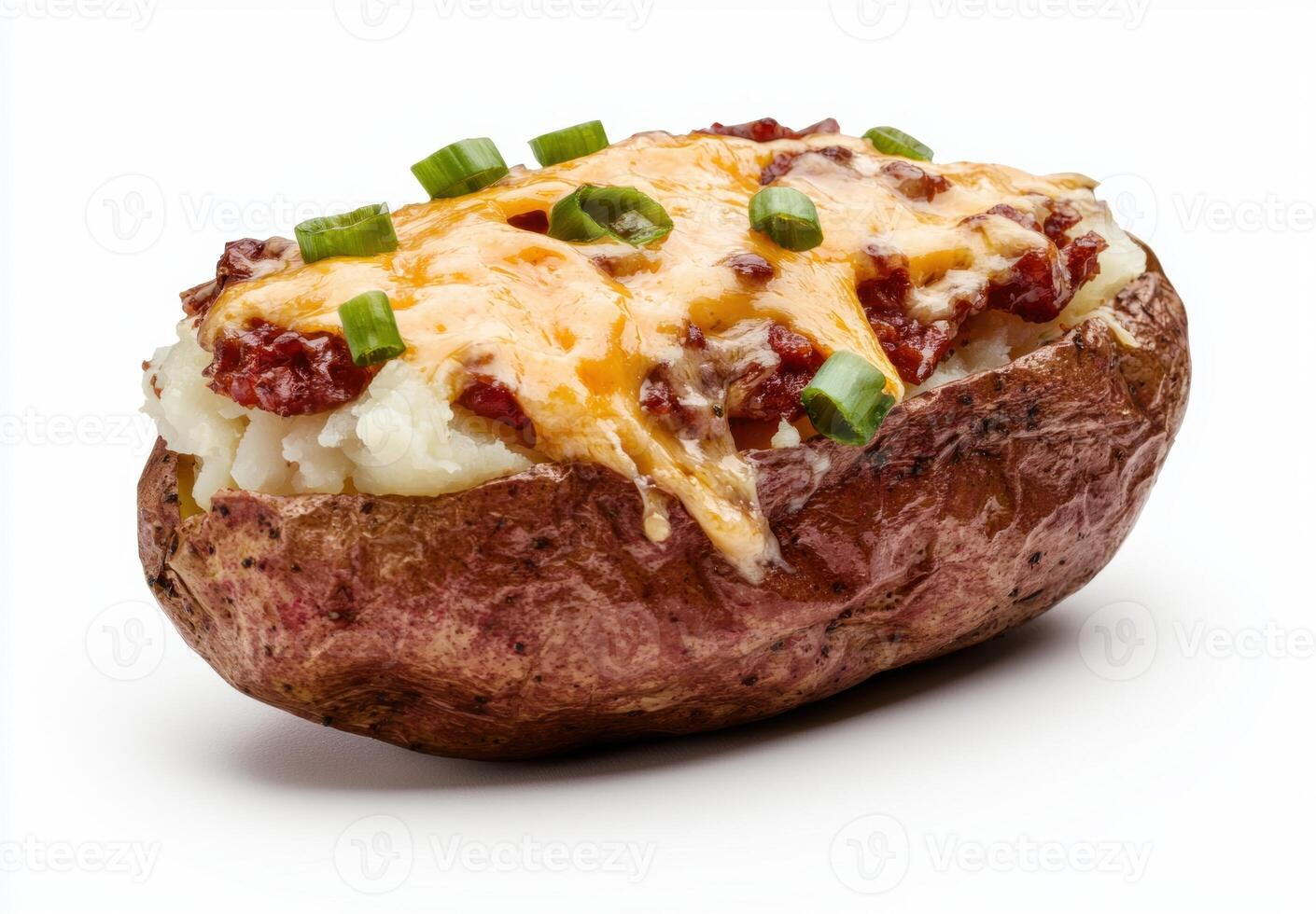 Baked potato with melted cheese and green onions photo