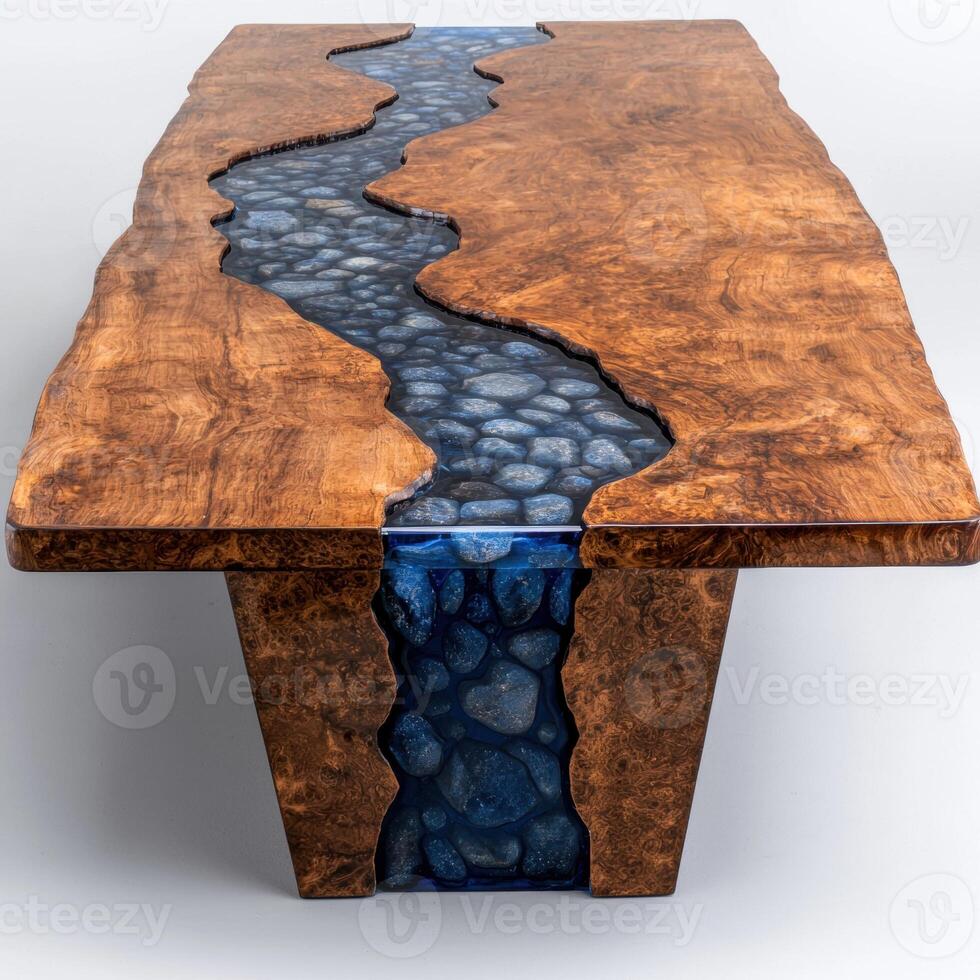 Unique wooden table with flowing river design photo