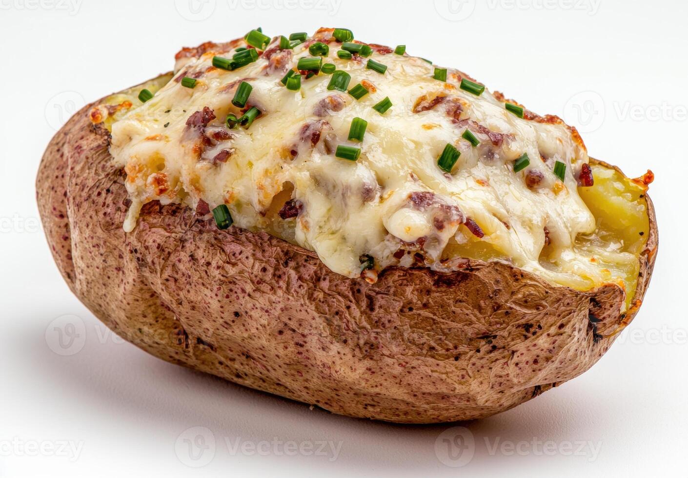 Baked potato with melted cheese and green onions photo
