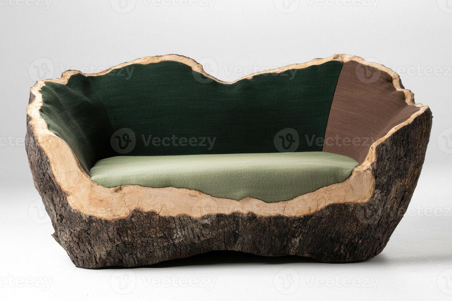 Rustic wooden log sofa with green cushions photo