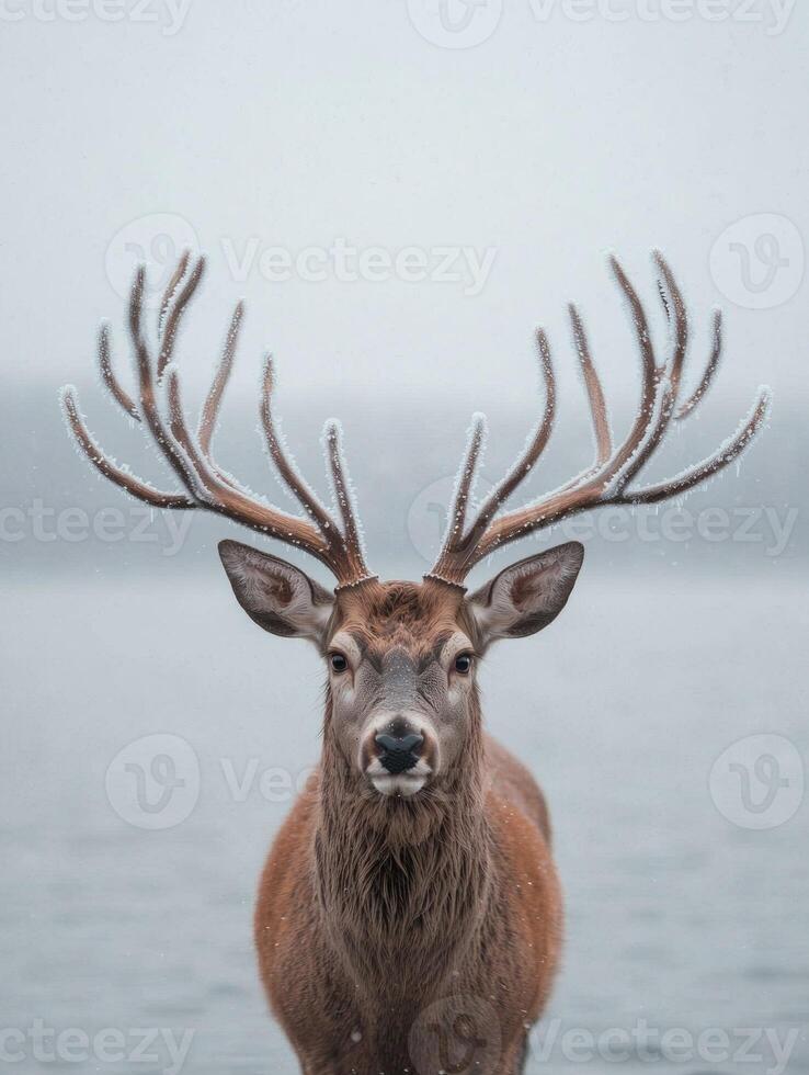 Majestic deer with antlers in the snow photo