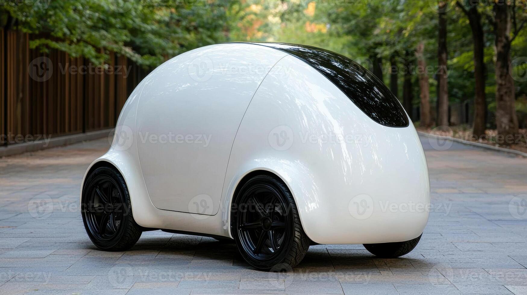Futuristic electric autonomous vehicle in forest setting photo