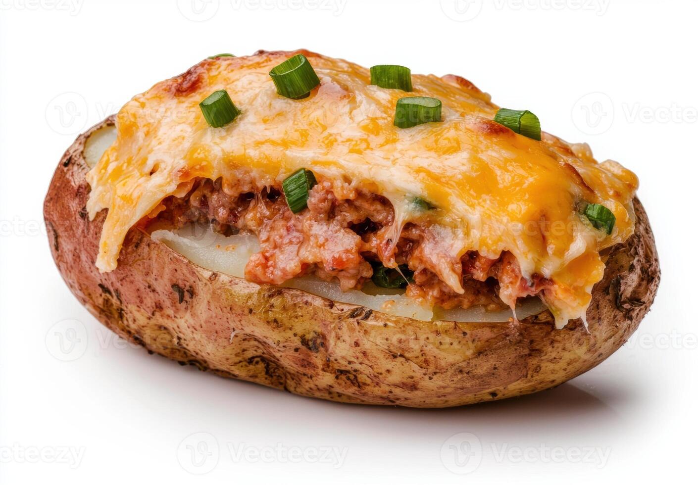 Loaded baked potato with melted cheese and green onions photo