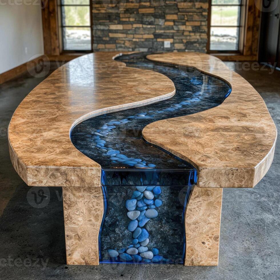 Unique wooden table with flowing blue river design photo