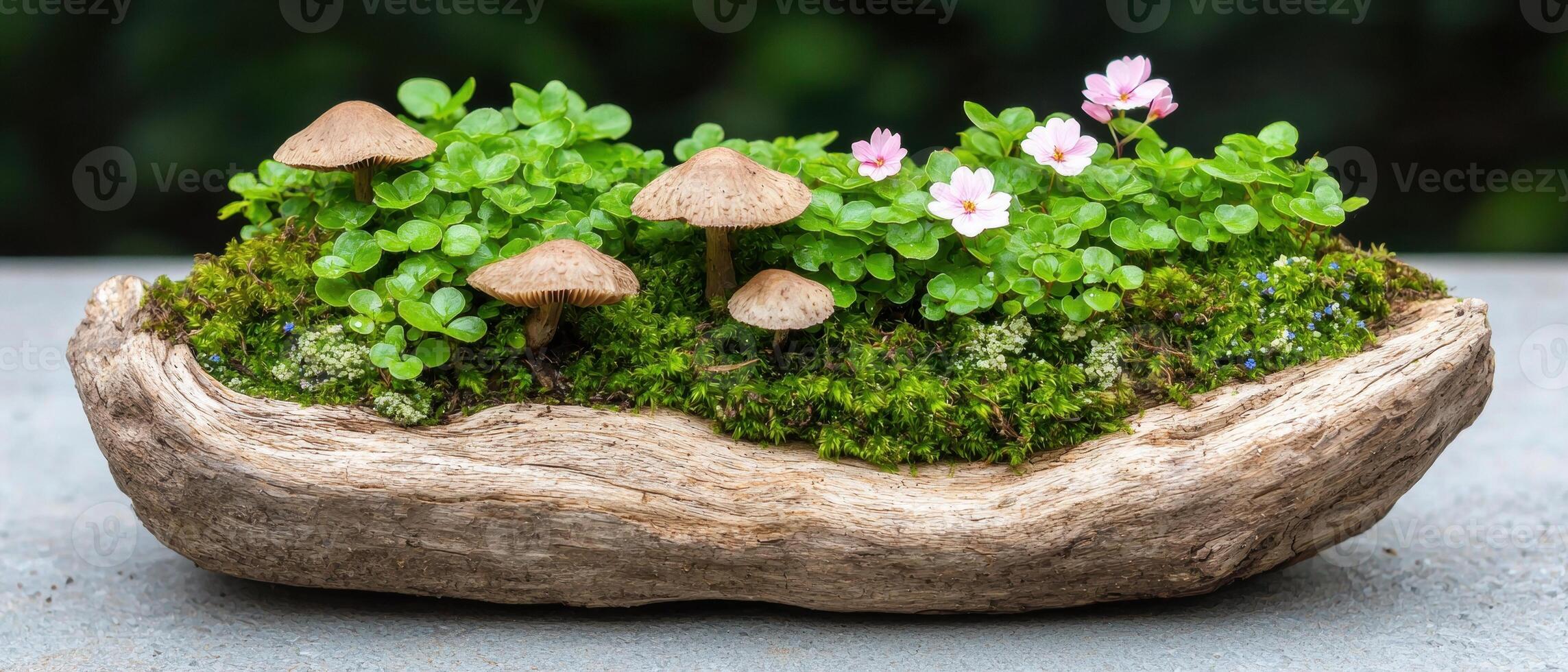 Enchanting moss covered log with mushrooms and flowers photo