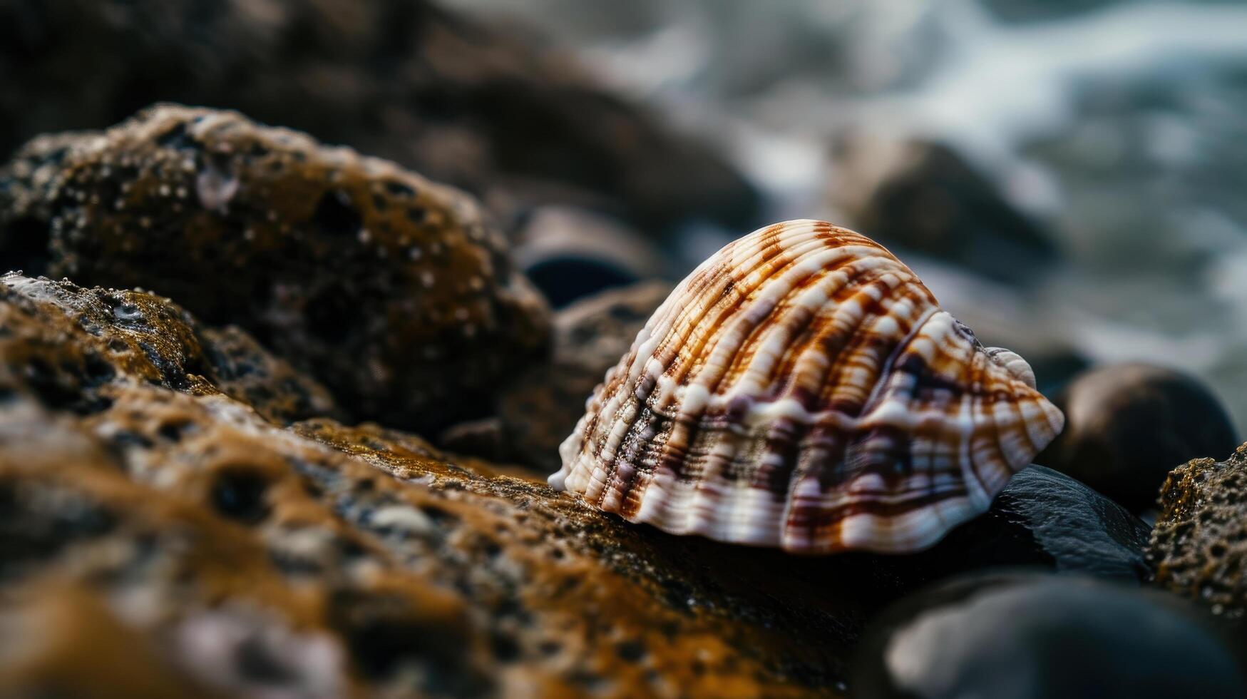 Seashell on rocky shore photo
