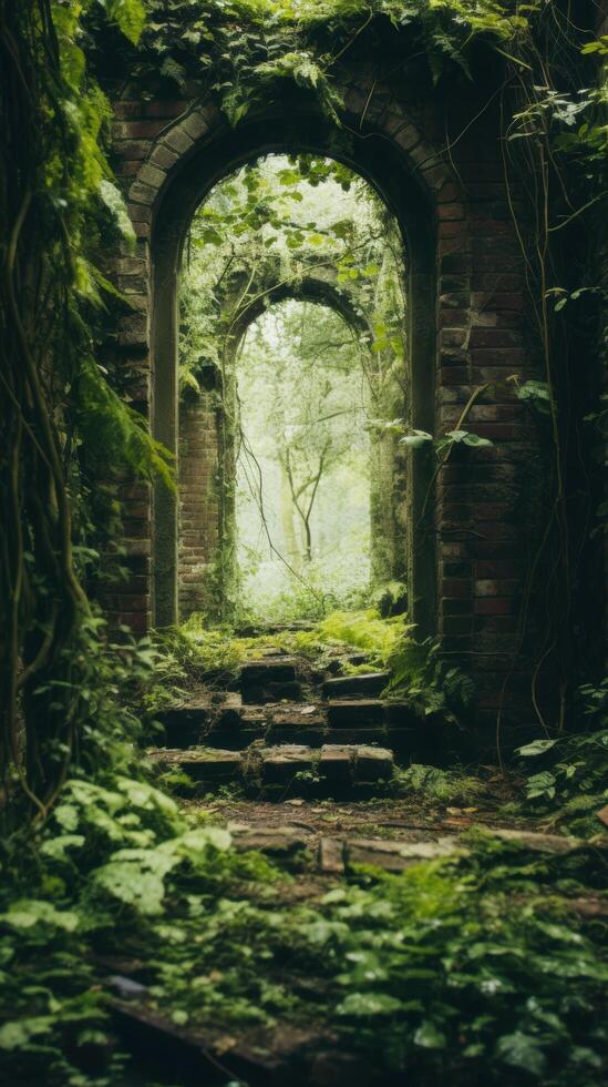 Enchanting moss covered archway in lush forest photo