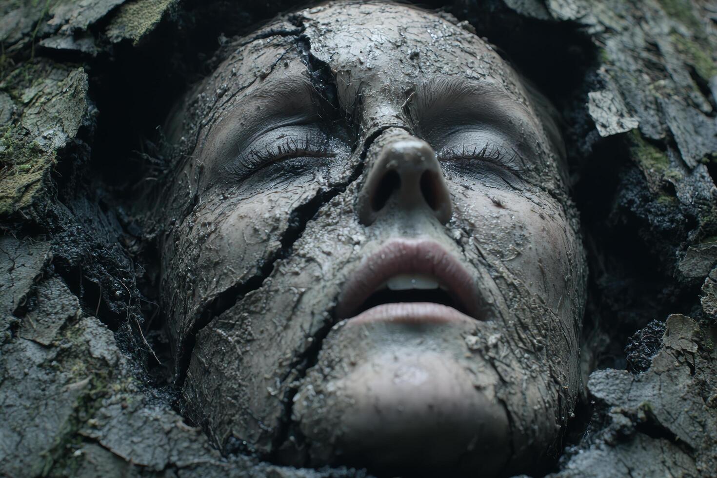 Weathered stone face in the forest photo