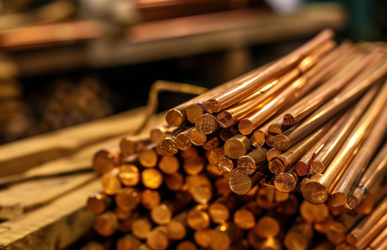 Stacks of copper rods in a metalworking shop photo