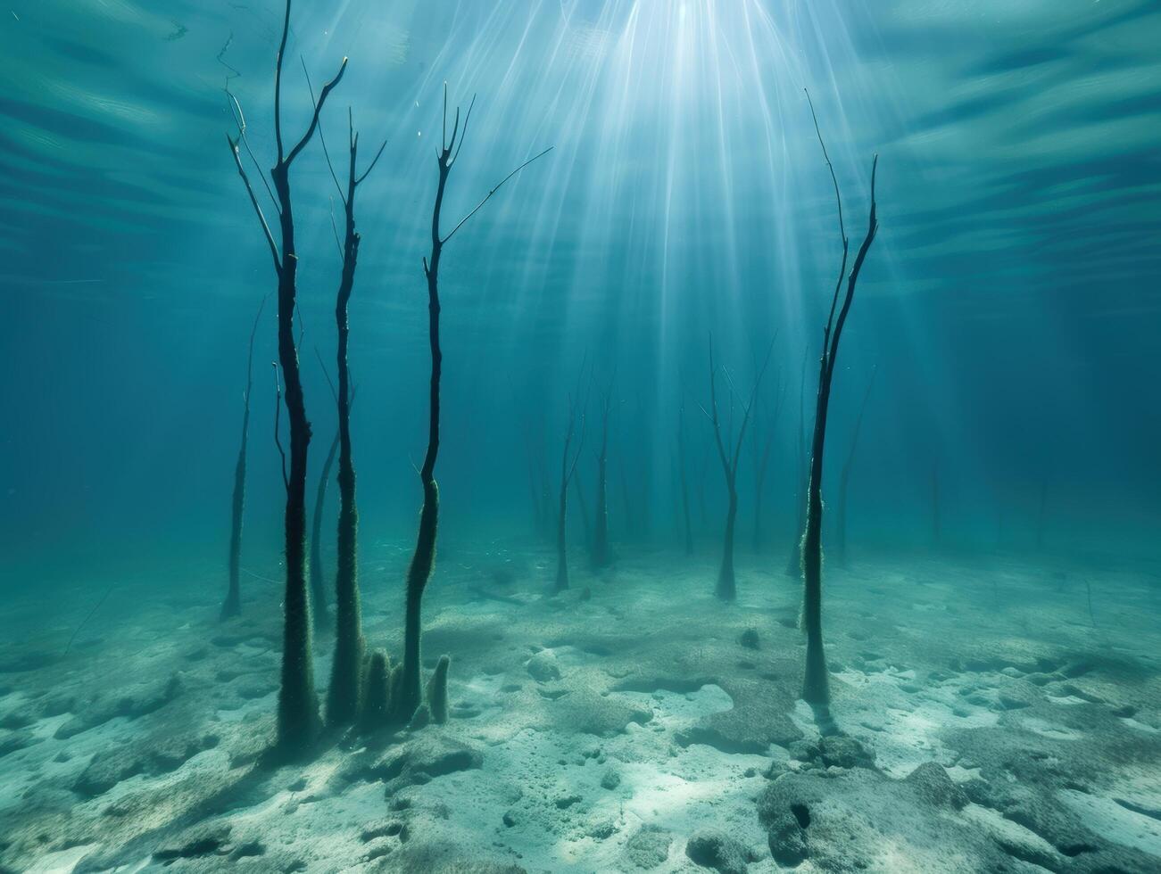 Underwater forest with sunlight beams photo