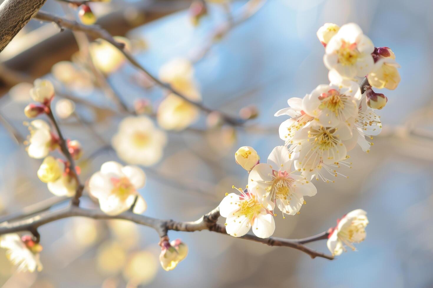 Delicate white blossoms on a spring tree branch photo