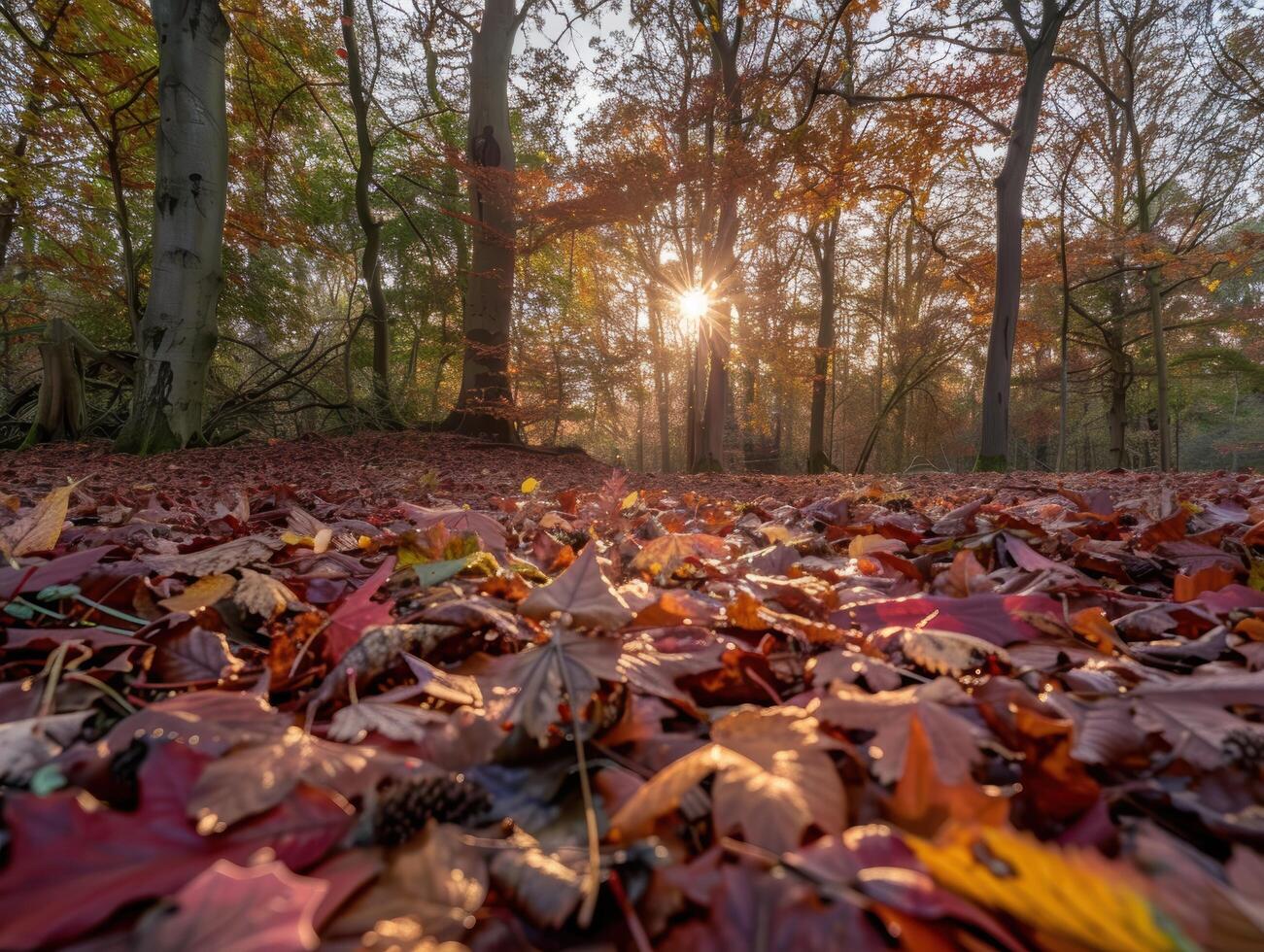Autumn forest scene with sunlight shining through the trees photo